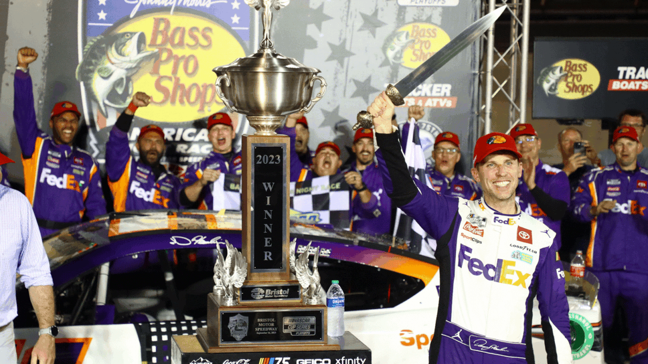 hero image for Denny Hamlin Conquers Competition in Bass Pro Shops Night Race at Bristol